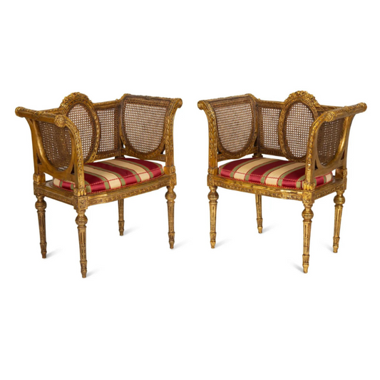 Pair of French Louis XVI Style Giltwood Cane-Back Benches with Red Silk Striped Cushions