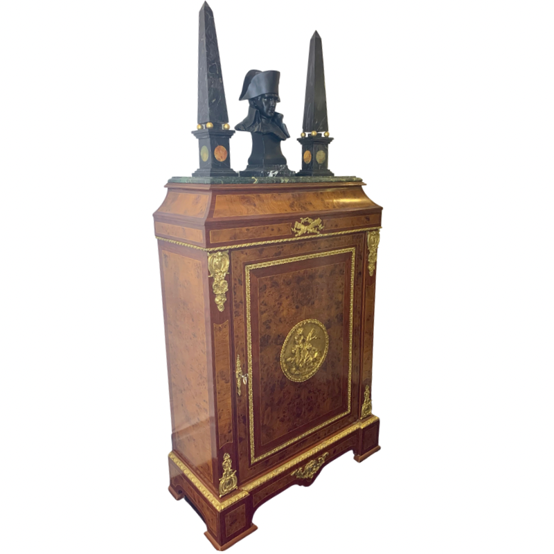 French Burl and Mahogany Inlaid Marble Top Cabinet with Ormalu