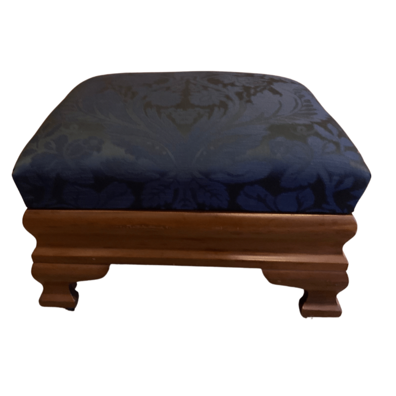 Biggs Blue Damask Mahogany Ottoman with Brass Casters