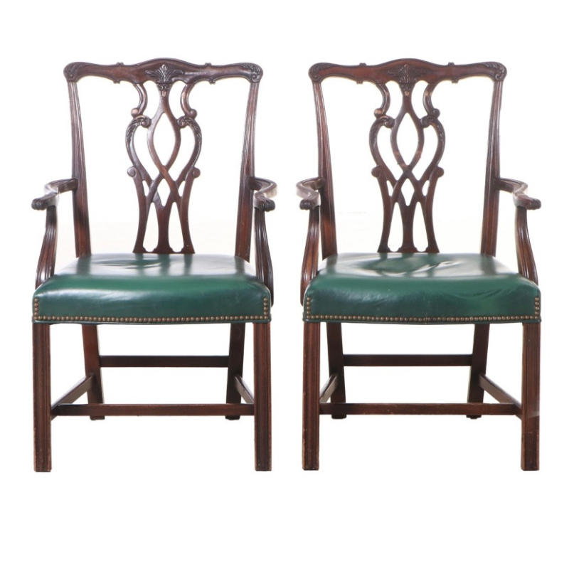 Kindel Chippendale Style Mahogany Pair of Green Leather Chairs 76071