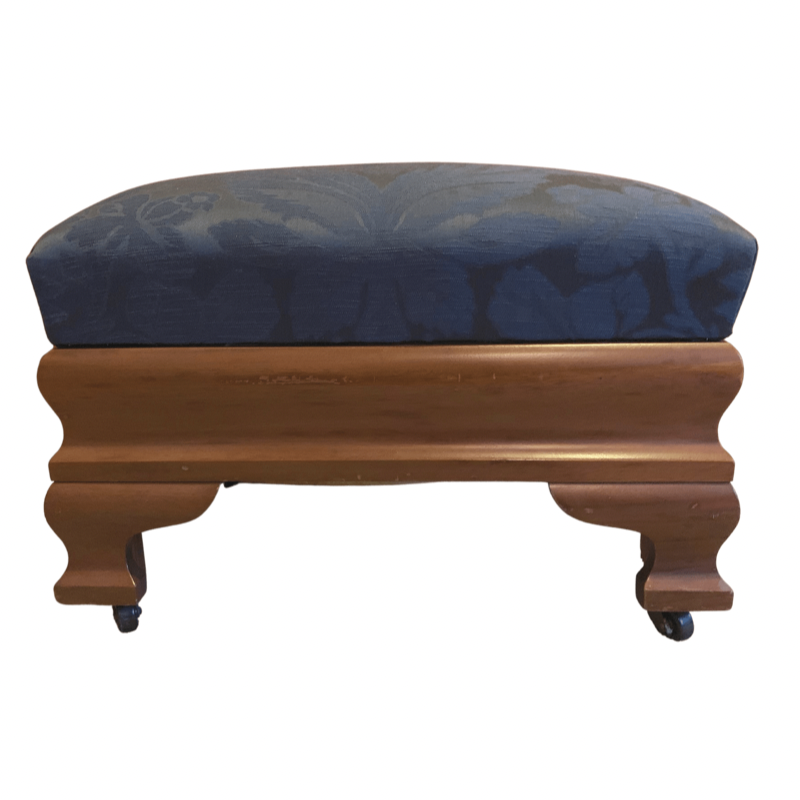 Biggs Blue Damask Mahogany Ottoman with Brass Casters