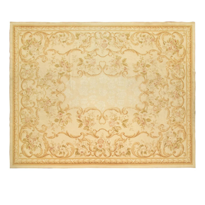 French Golden Yellow Floral Aubusson Style Wool Rug Carpet 12 feet 2 i ...