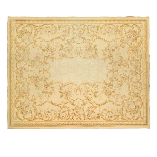 Golden Yellow Floral Aubusson Style Wool Rug 