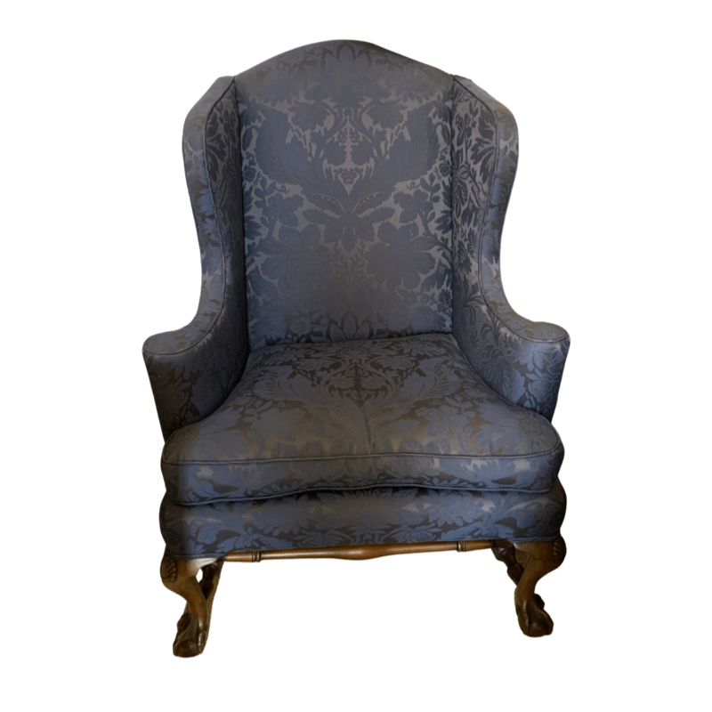 Kittinger Colonial Williamsburg Mahogany Blue Damask Wing Chair with Ball and Claw Feet