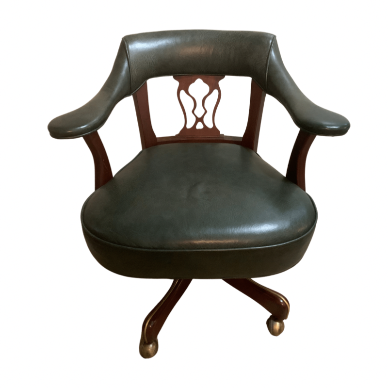 Green Leather Mahogany Swivel Desk Chair with Brass Casters