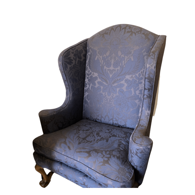 Kittinger Colonial Williamsburg Mahogany Blue Damask Wing Chair with Ball and Claw Feet