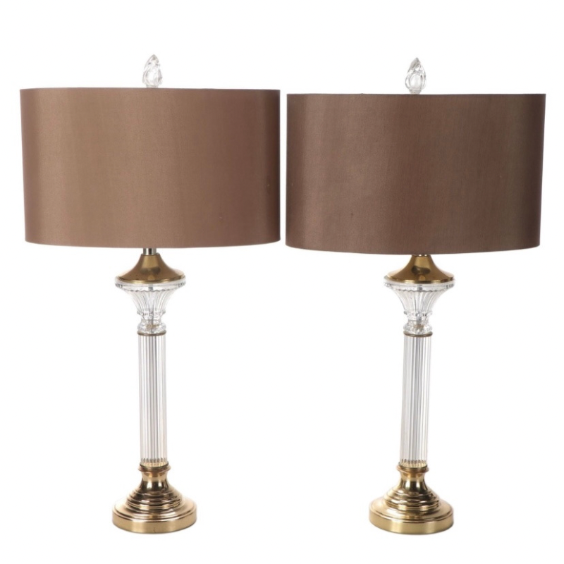 Pair of Crystal Clear Industries Acrylic, Glass,  and Brass Candlestick Lamps with Brown Oval Drum Shades