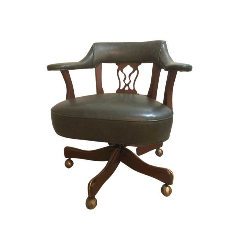 Green Leather Mahogany Swivel Desk Chair with Brass Casters