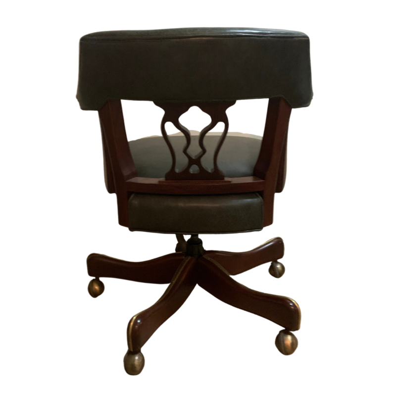 Green Leather Mahogany Swivel Desk Chair with Brass Casters