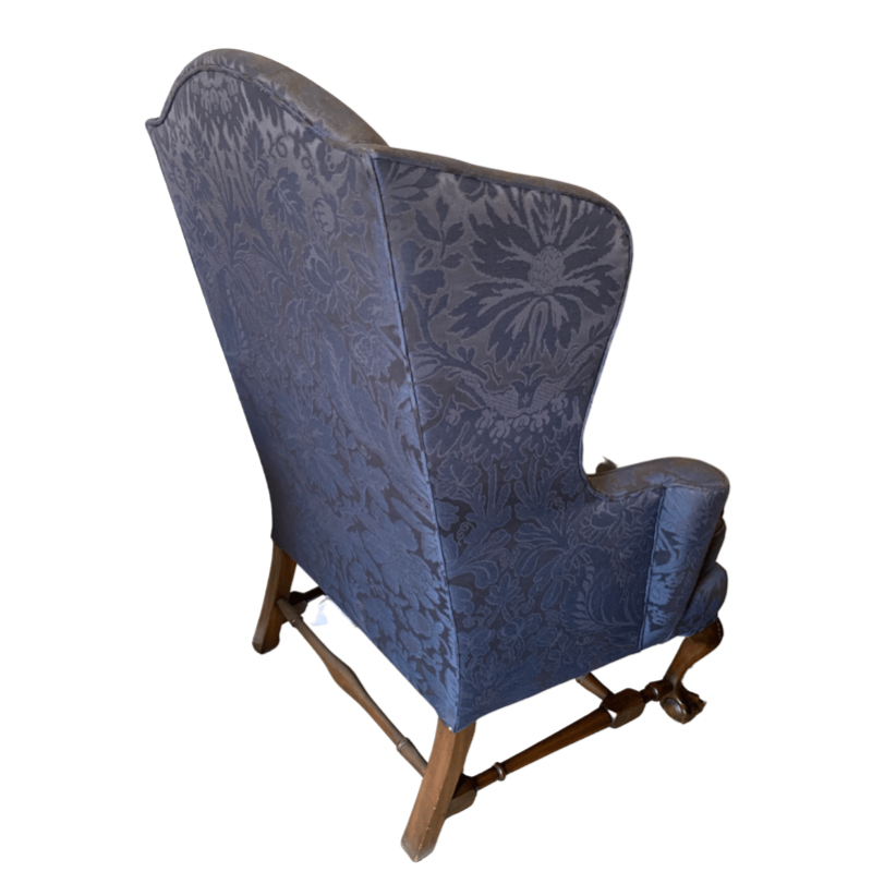 Kittinger Colonial Williamsburg Mahogany Blue Damask Wing Chair with Ball and Claw Feet